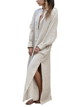 Women Cotton Linen Long Sleeve Maxi Tunic Shirt Dress Baggy Casual Kaftan Peasant Ethnic Boho Gypsy Loose Side Split Caftan