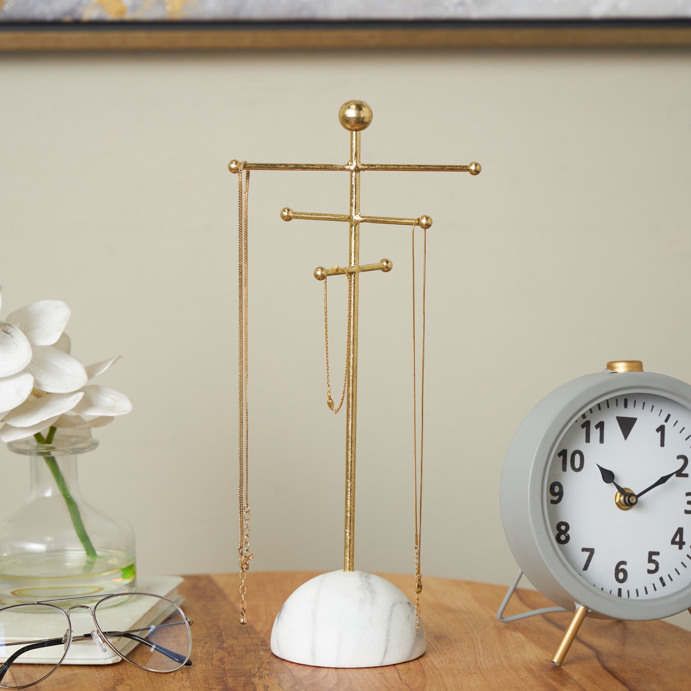 DecMode 4" x 13" Gold Metal 6 Slot Jewelry Stand with White Base, 1-Piece