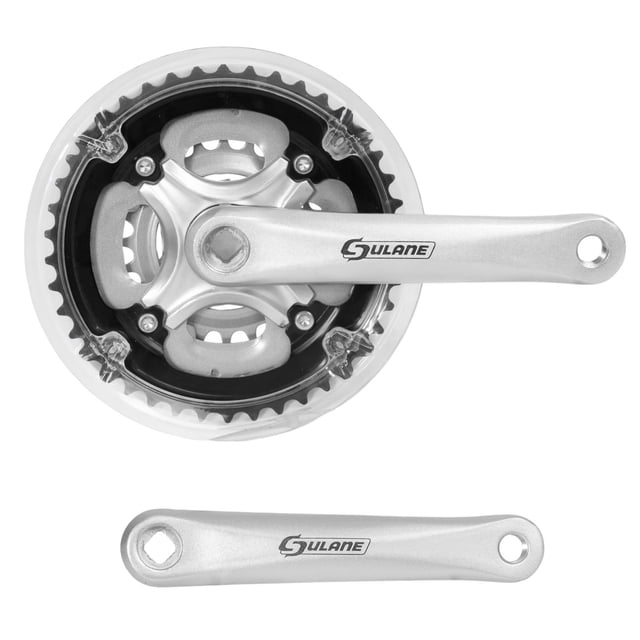 triple multiplicacion para bicicleta con bielas de 24/34/42d (aluminio) 170mm (acero) mariluz plateado Vista cenital de bielas triples Mariluz en plateado con tres platos de 24/34/42 dientes y brazo de 170 mm; protector plástico translúcido en los platos, montaje directo para transmisión trasera compatible con MTB y ruta. Su tamaño compacto lo hace adecuado también para uso en talleres domésticos y como reemplazo rápido de transmisiones.