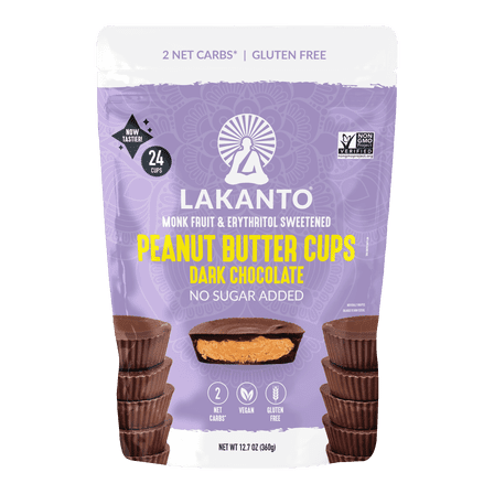 Lakanto Sugar Free Chocolate Peanut Butter Cups - Sweetened with Monk Fruit, On the Go, Gluten Free, Vegan, Keto Diet Friendly, 2g Net Carbs, Cocoa Butter, Nut Butter, Cacao (24 Cups - Pack of 1)