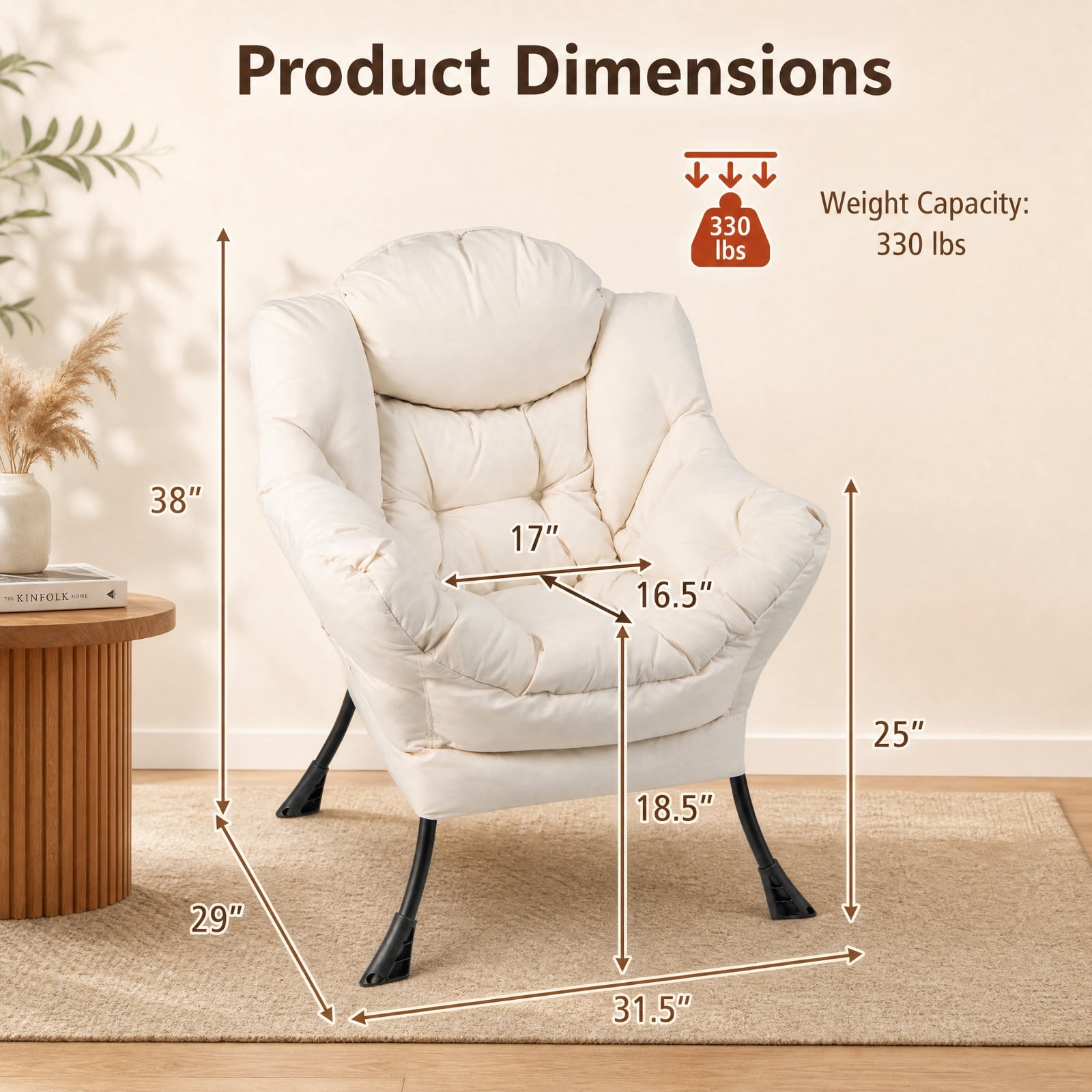 Furnibear Modern Polyester Fabric Lazy Chair with Integrated Headrest Deep Seat Side Pocket and Rust-Resistant Steel Frame for Living Room, Beige