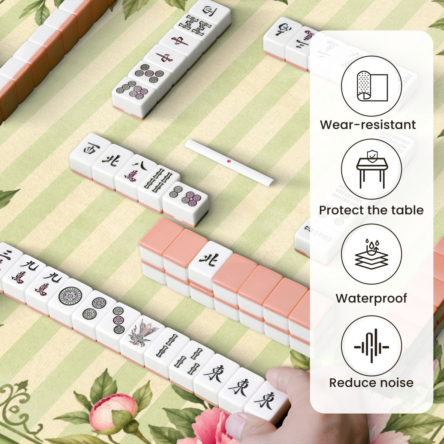 Mahjong Mat 31.5" x 31.5" Pink Floral Mint Green Stripes Vintage Botanical Watercolor Style Non-Slip Noise Reduction Mahjong Tiles Table Cover for Dominoes Poker Card Board and Tile Games
