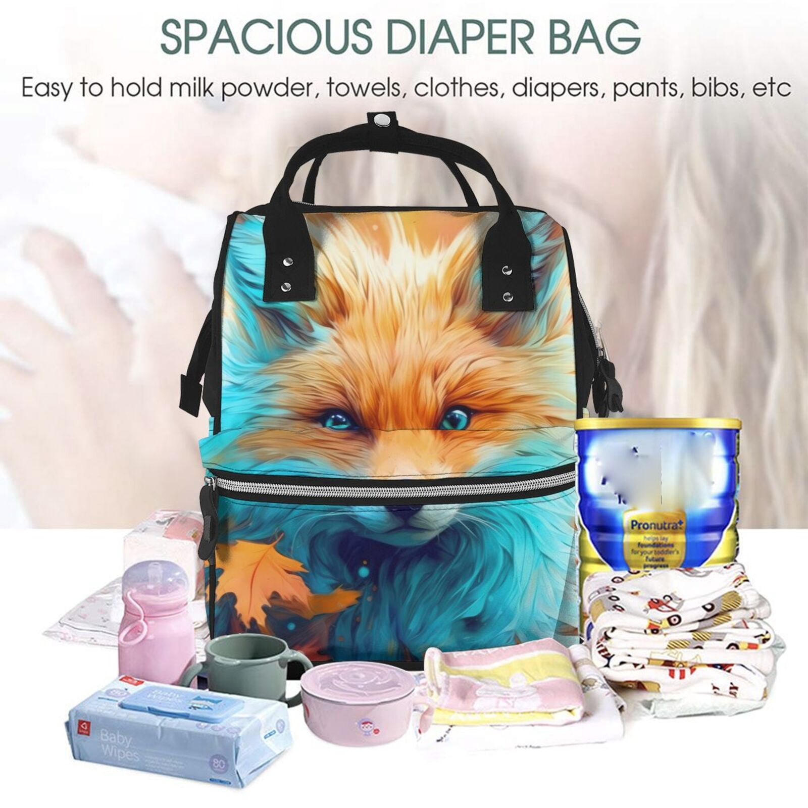 Fuzoiu Fiery Red Maple Leaf Fox Print Diaper Bag Backpack,Baby Essentials Travel Tote,Multi function Waterproof Diaper Bag, Travel Essentials Baby Bag - Unisex