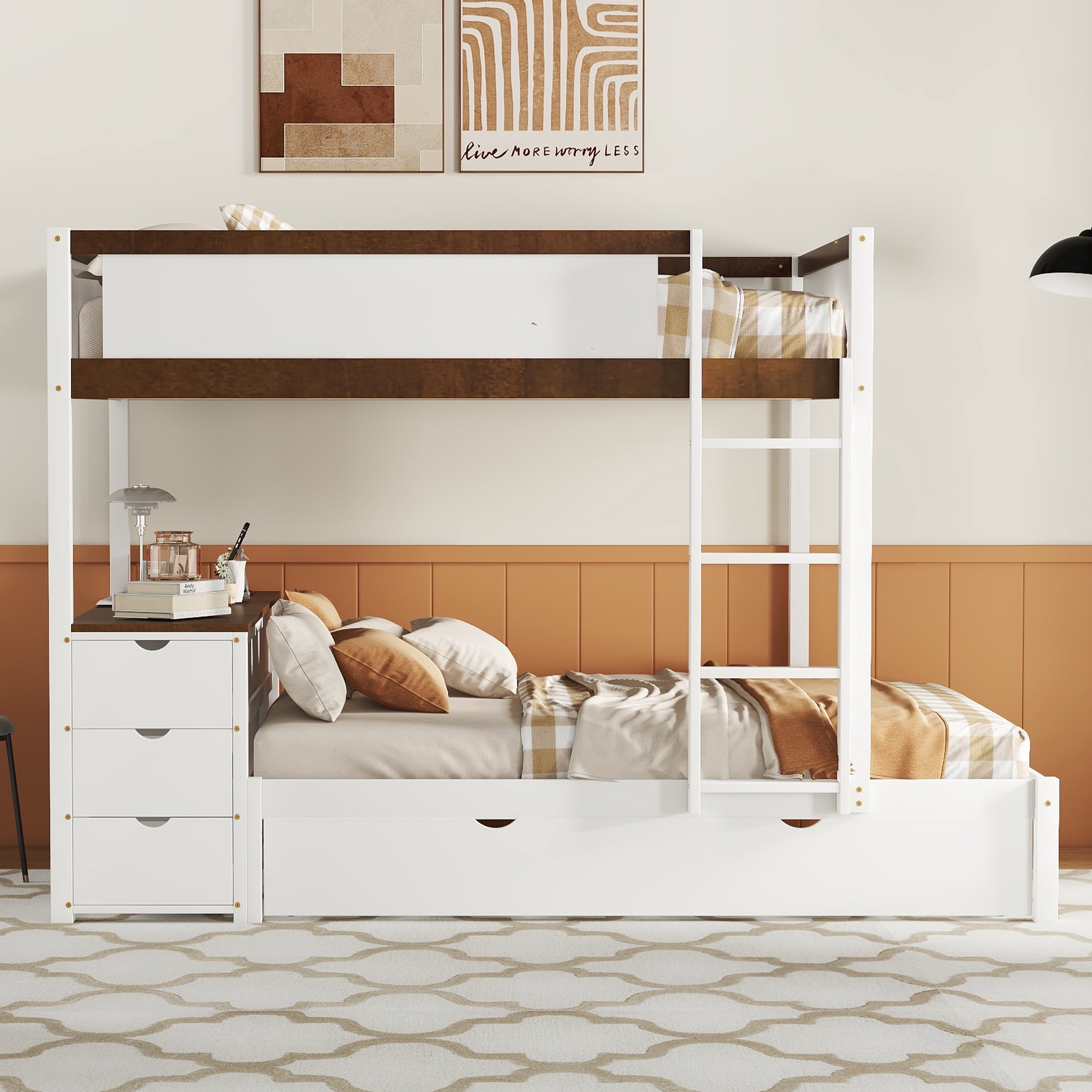 Full-Over-Full Bunk Bed with Twin size Trundle and 3 Storage Drawers, Solid Wood Floor Bunk Bed with Desk, Ladder and Guardrails for Kids Teens Adults