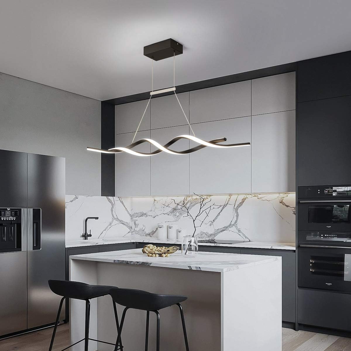 Garwarm Modern Chandelier Light, Dimmable LED Pendant Light with Remote Control, Acrylic Wave Chandeliers for Dining Rooms Bedroom Kitchen Restaurant, 3000K-6000K, 28W, Black