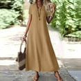 thumbnail image 2 of Evdexr Cotton Shirt Dresses Women Linen Maxi Dresses Solid Colour Flowy V Neck Short Sleeve A-Line Shirt Dress Flowy Oversized Plus Size Casual Dress with Pockets Light Brown M, 2 of 7