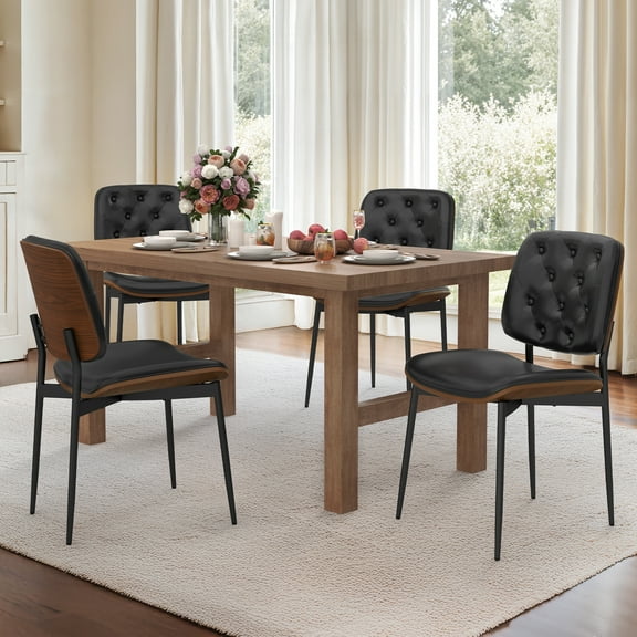 Dycanpo Dining Chairs Set of 4,Mid Century Retro Faux Leather Chairs with Walnut Bentwood Adjustable Foot for Kitchen,Black