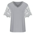 thumbnail image 4 of Summer Tops for Women Elegant Short Sleeve V-Neck Lace Stitching Pullover Blouse Shirt Solid Color Casual Tops Gray S, 4 of 6
