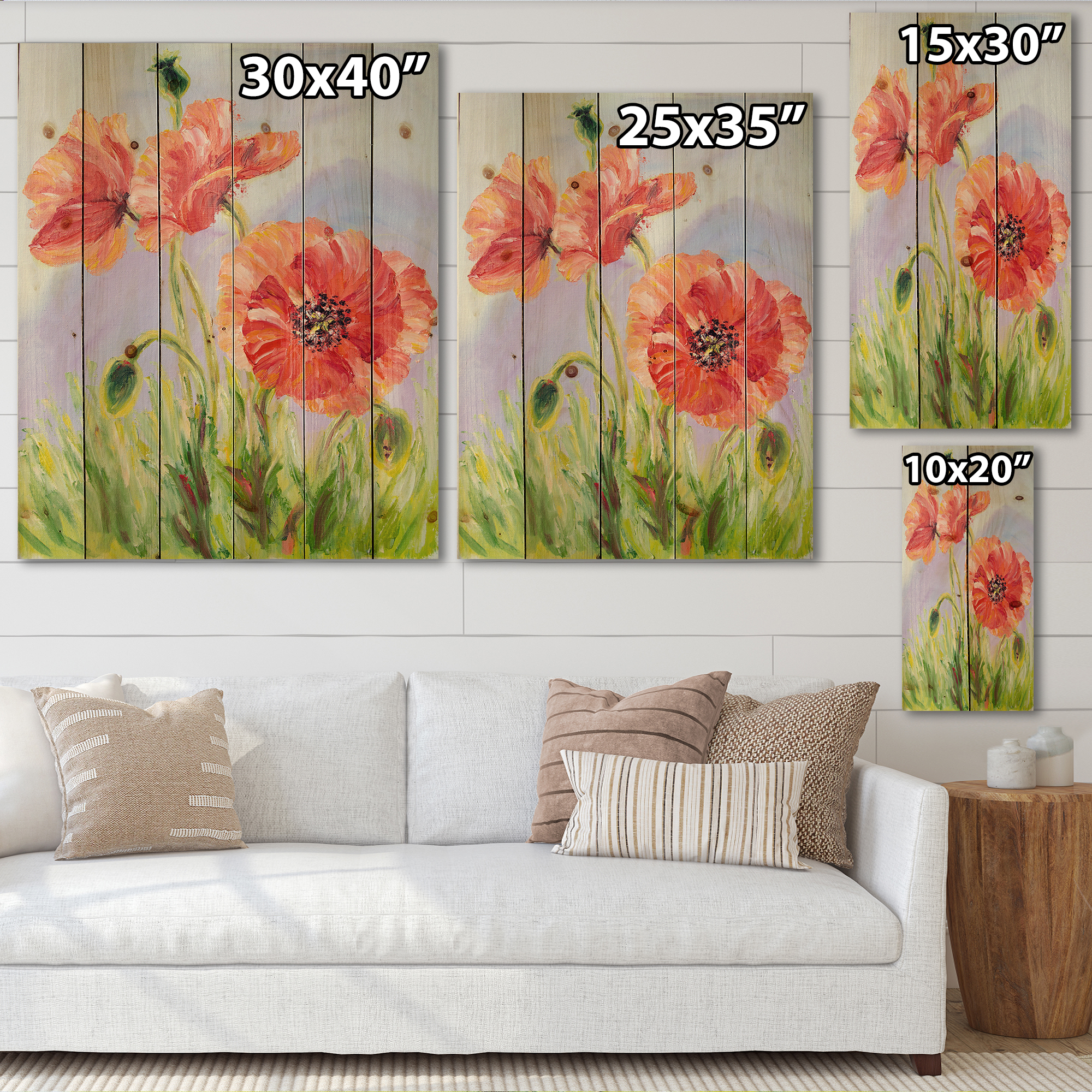 Designart 'Blossoming Poppies At Dawn' Traditional Print on Natural Pine Wood