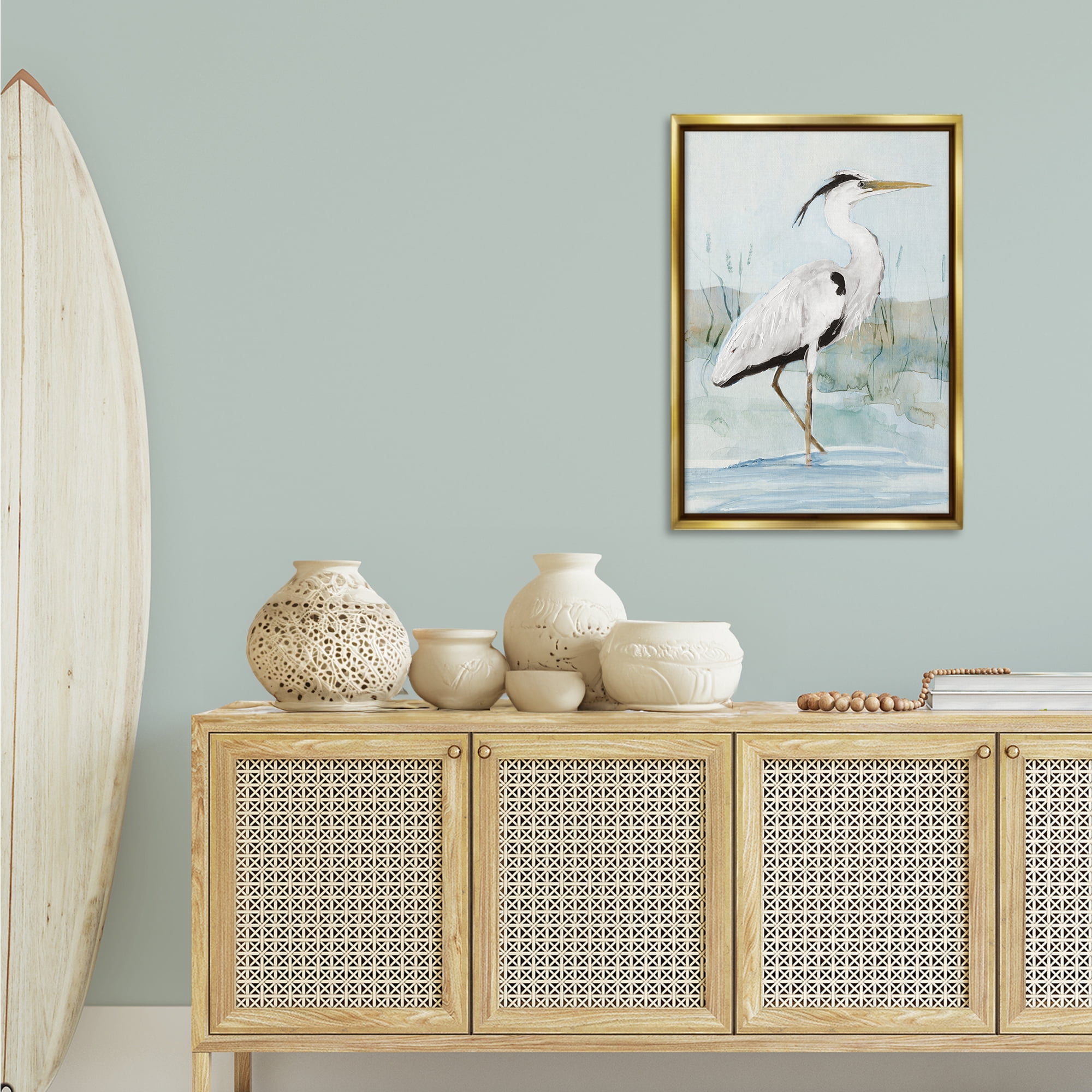 Stupell Industries Stepping White Egret Animals Painting Gold Floater Framed Canvas Art Print Wall Art, 21 x 31