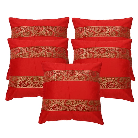 Stylo Culture Ethnic Chair Seat Throw Pillow Covers 16 x 16 Polydupion Brocade Jacquard Red Square 40x40 cm Home Decor Velvet Floral Zippered Cushion Covers | Set Of 5