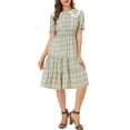 thumbnail image 1 of INSPIRE CHIC Women's Plaid Chiffon Check Tiered Smocked Midi Dress S Green Pink, 1 of 7