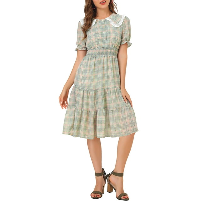 INSPIRE CHIC Women's Plaid Chiffon Check Tiered Smocked Midi Dress S Green Pink