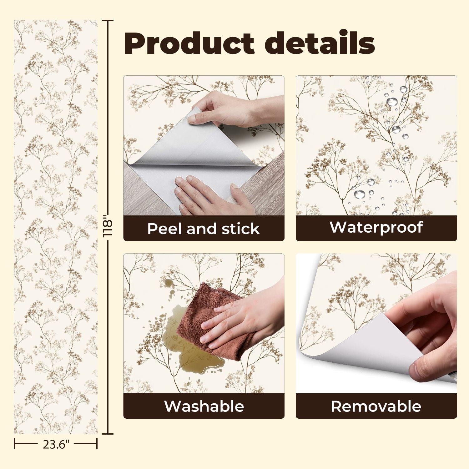 Peel and Stick Wallpaper Botanical Floral Delicate Line Art Earthy Tones Wall Mural 23.6in x 9.8ft Self Adhesive Removable Wall Paper Renter Friendly Wallpaper for Nursery Bedroom Cabinets