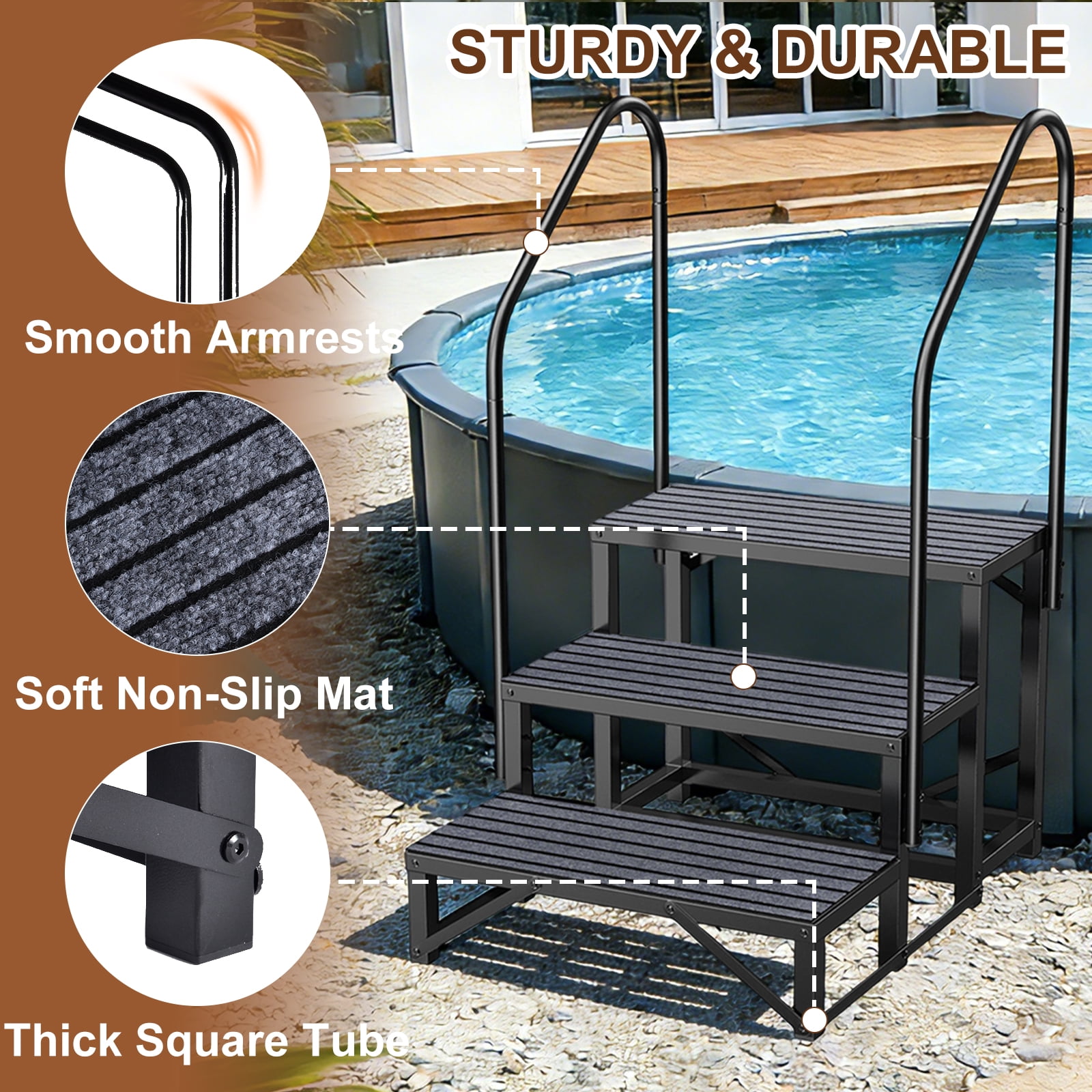 Portable 3-Step Staircase with Safety Railings - 440 lbs Weight Capacity Spa Steps for Outdoor Hot Tubs, Campers & Pet-Friendly Entry