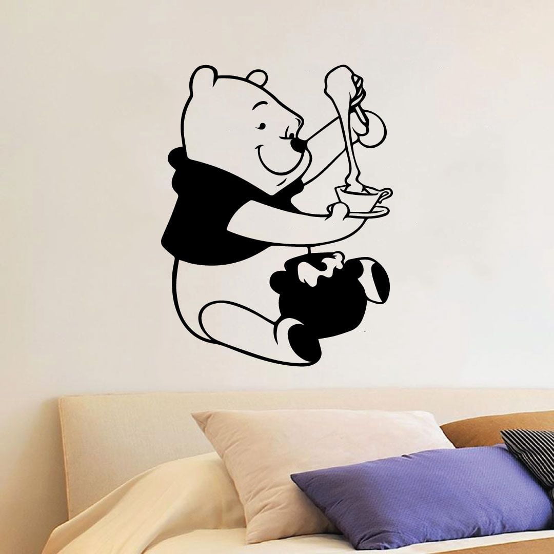 Winnie The Pooh Pooh Bear Pooh Winnie The Pooh Happy With Hunny Silhouette Vinyl Sticker Wall Art Decoration Decal For Kids Baby Girl Baby Boy Room Home Room Wall Sticker Decoration Size (35x40 inch)