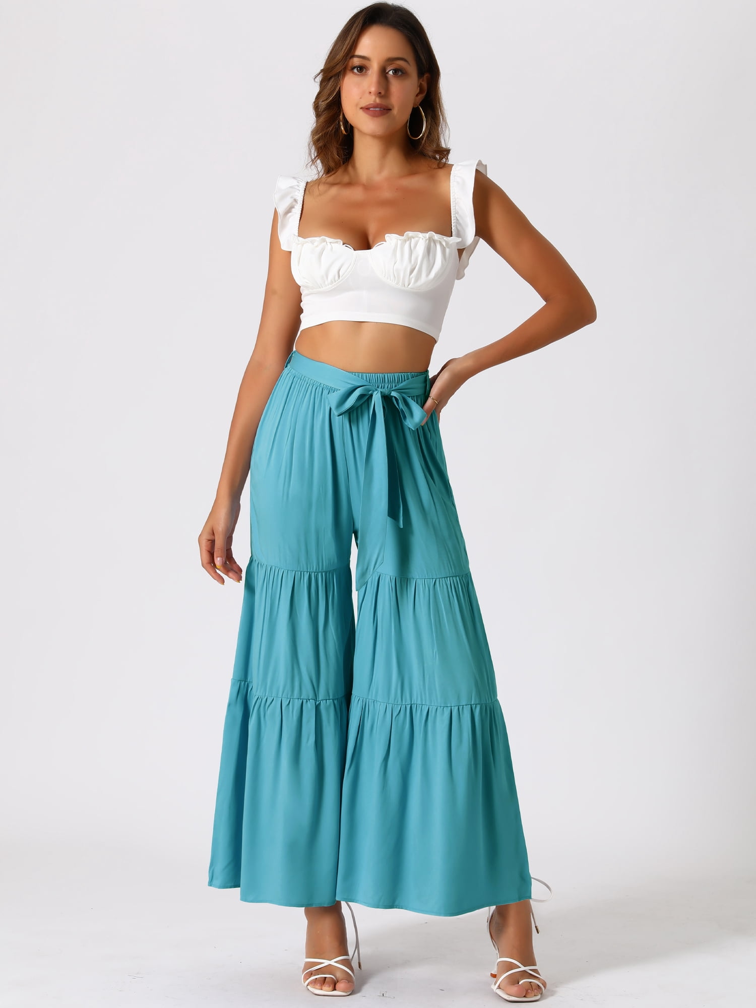DARING DIVA Women's Boho Elastic High Tie Belt Ruffle Hem Palazzo Pants S Lake Blue