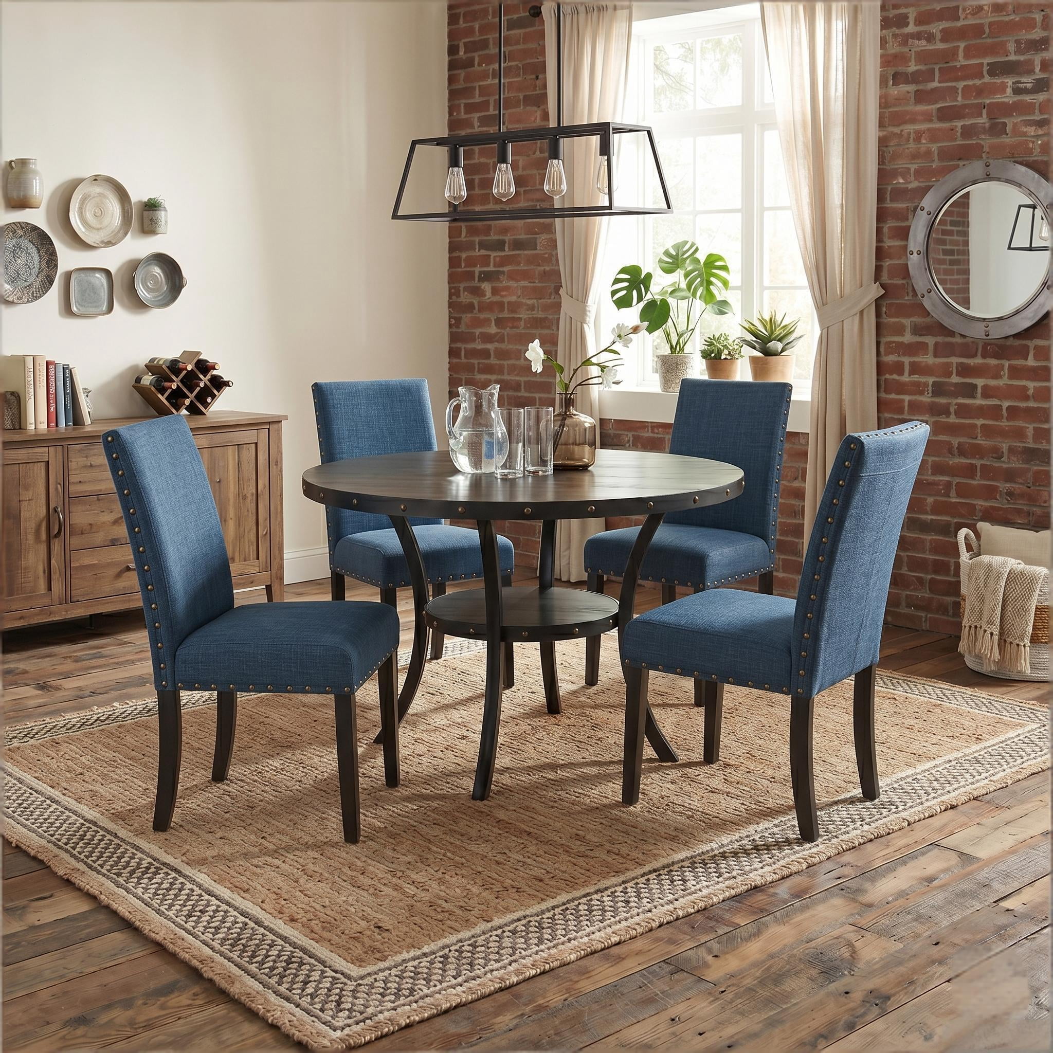 Howcool 5-Piece Espresso Wood Round Dining Set, 4 Upholstered Fabric Nailhead Trim Chairs with Lower Storage Shelf for Kitchen & Dining Room