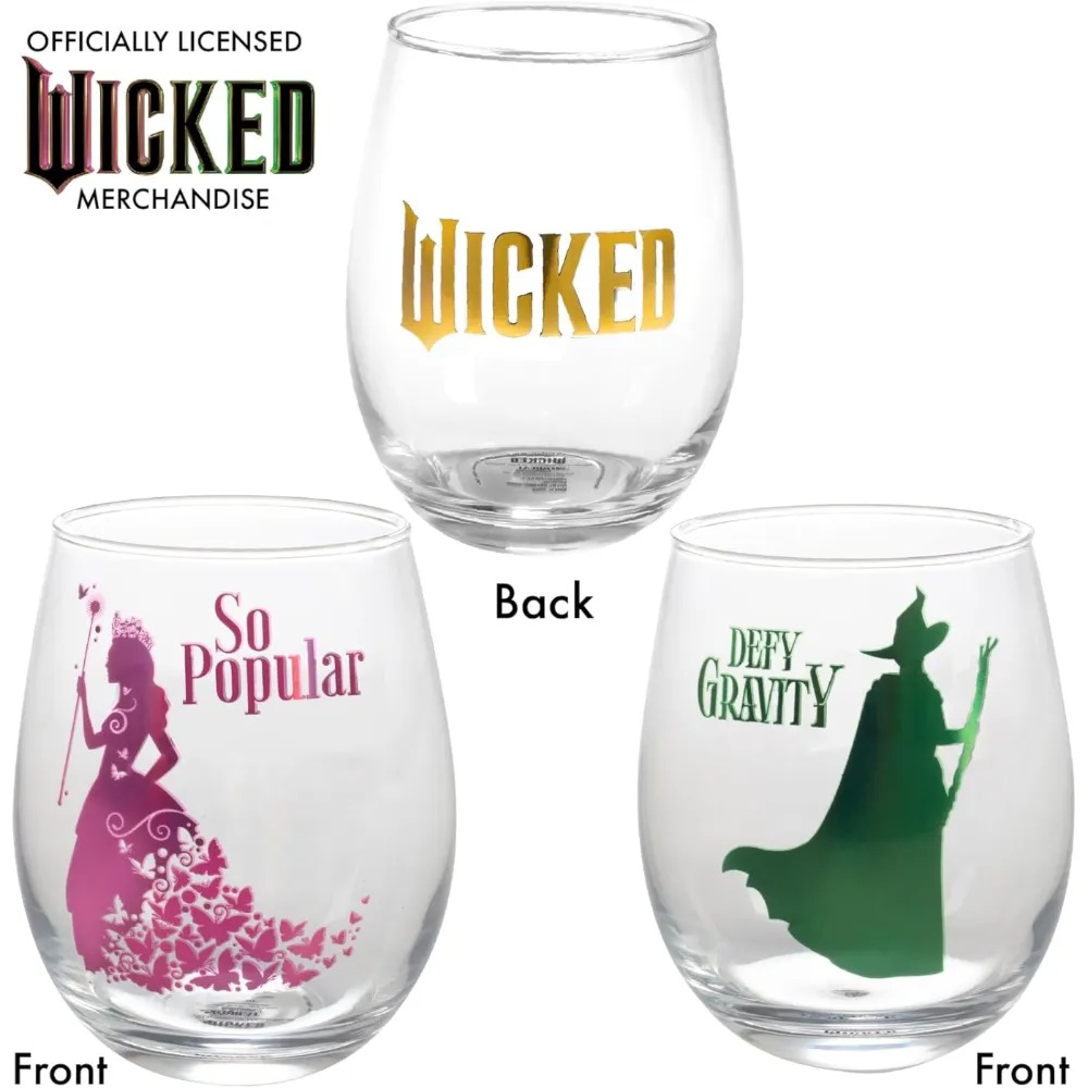 SCS Direct Wicked For Good Stemless Wine Glasses Set of 4, 18oz - Officially Licensed Movie Merchandise- Glinda Popular & Elphaba Defy Gravity Designs - Broadway Theater Gift For Adults, Women, Men