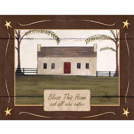 Primitive Folk Art Painting - House Blessing Primitive Folk Americana Farm House Wood Grain Landscape Painting Brown & Green Canvas Art by Pied Piper Creative