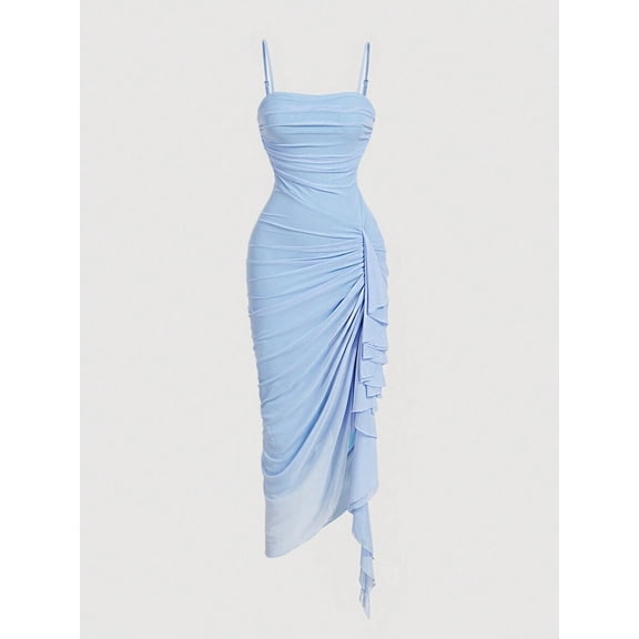 Blue Womens Ruched Bodycon Midi Dress With Spaghetti Straps And Asymmetrical Ruffle Hem
