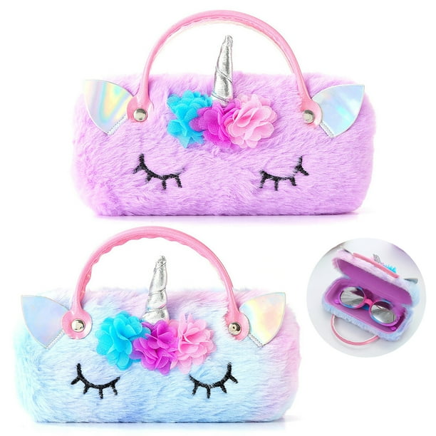 Apehuyuan 2 Pcs Sunglass Case Cute Blue Pink Animal Unicorn Plush