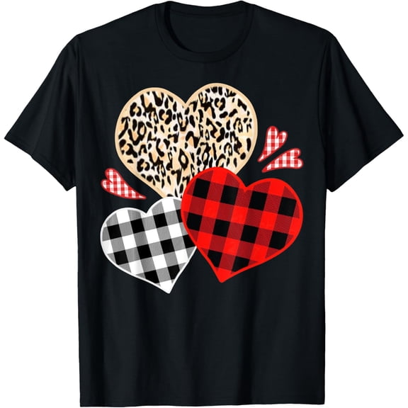 Girls Valentines Day Shirts Hearts Love Leopard Red Plaid T-ShirtMen's and women's gift, black and white T-shirt, size: Extra large S-4XL