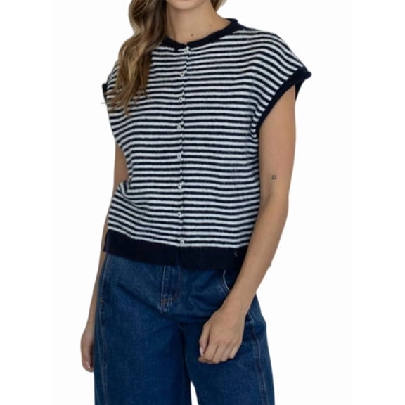 Women'S Light-Weight Cap Sleeve Cardigan Summer Casual Striped Knit Open Front Button Down Sweater Black L