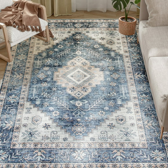 HOMCOM 8x10 Area Rug, Vintage Machine Washable Rug for Living Room, Blue