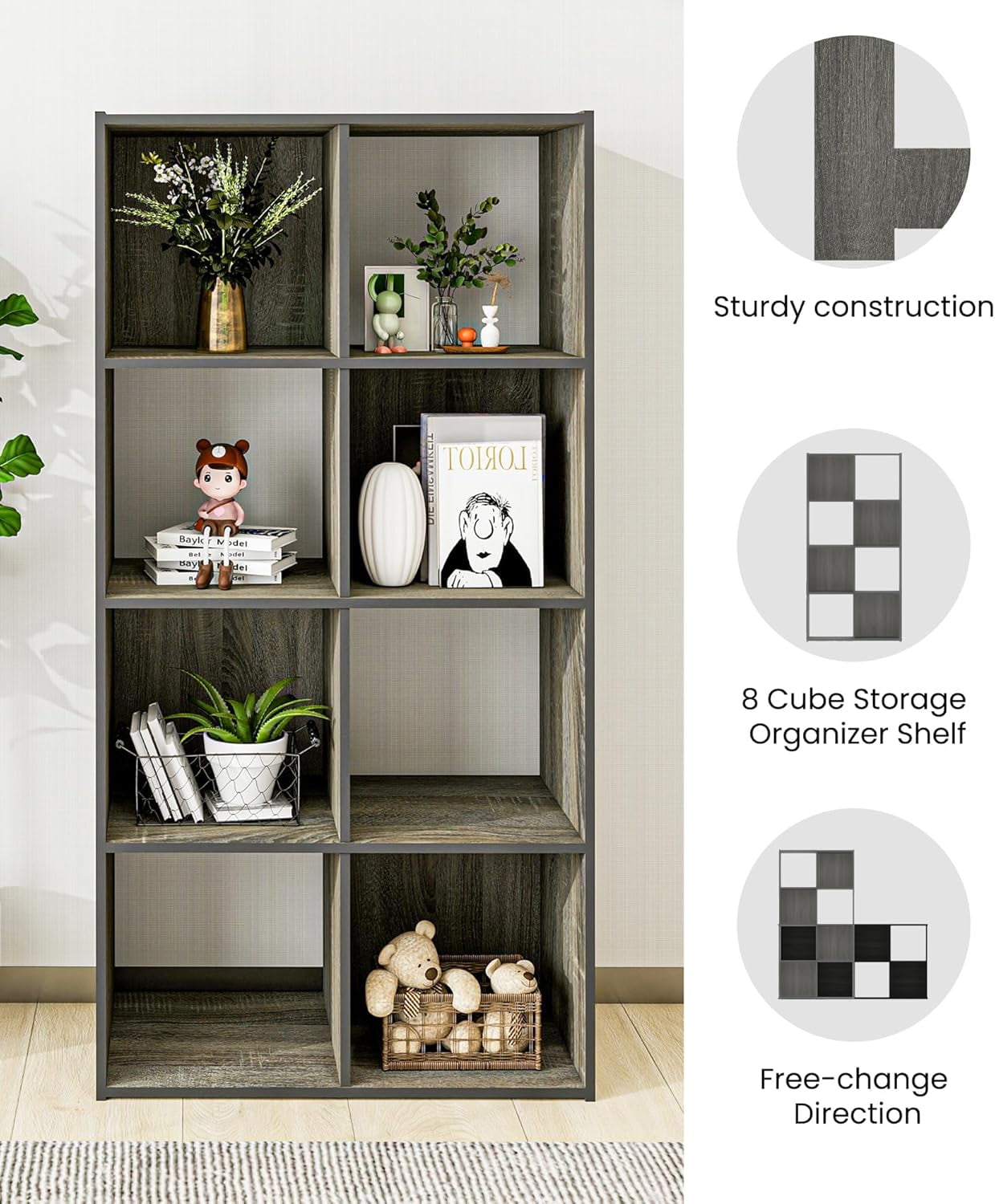 8 Cube Bookcase and Bookshelf, Freestanding Display Storage Shelves, Wooden Book Organizer for Living Room, Bedroom, Kids Room, Grey