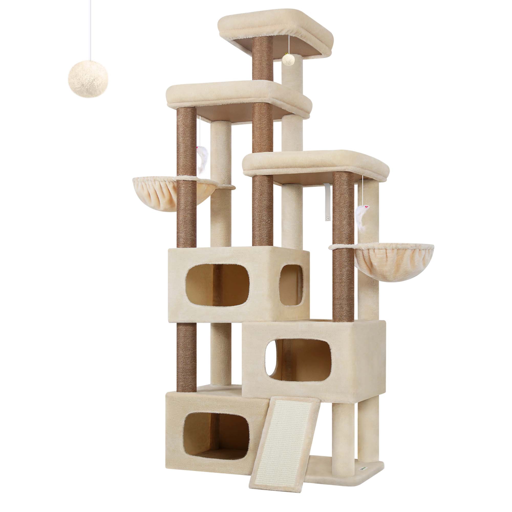 Globlazer Big Cat Tree Tower，85in Multi-Level Tall Cat Tree Tower Indoor for Multiple Adult Cats with Scratching Post, 3 Perches, 3 Condos, 2 Hanging Basket, S85,Beige
