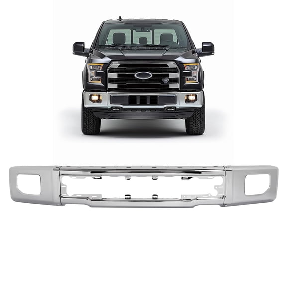 KOJEM Front Bumper Face Bar Compatible with 2015-2017 Ford F-150 Replacement for FO1002422 FL3Z17757A Steel Chrome Silvery With Fog Light Holes（3-Piece Design）