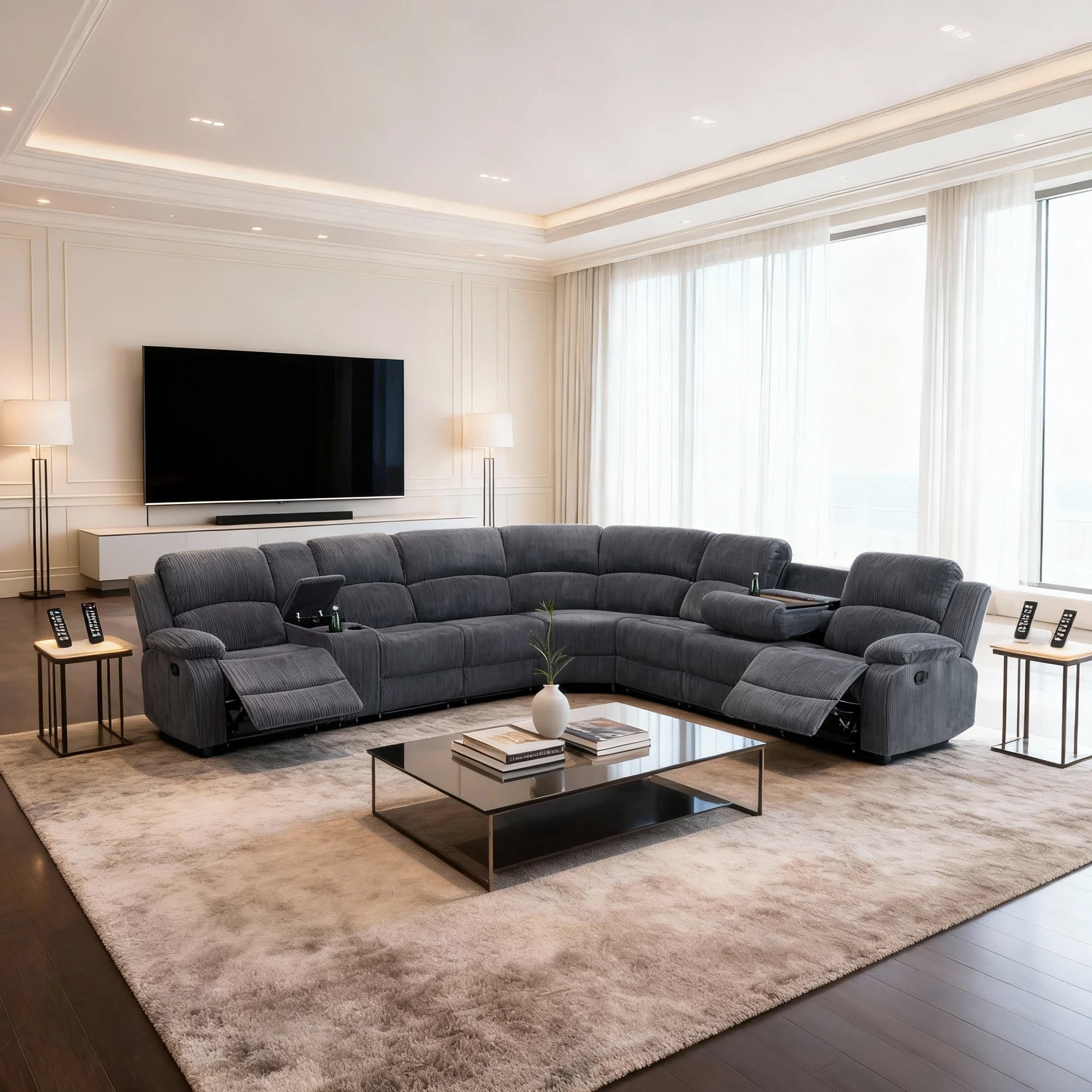 Gewnee Chenille Manual Reclining Sectional Sofa with Cup Holders ,Oversize Reclining Couch for Living Room