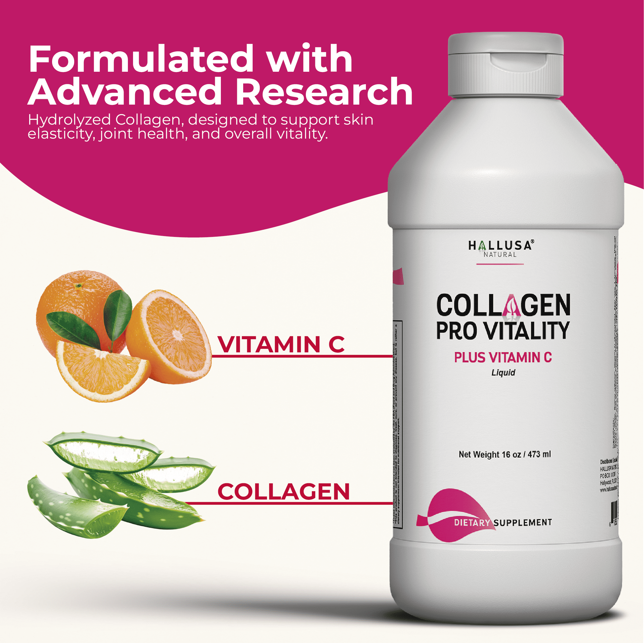 HALLUSA NATURAL Collagen Supplements with Vitamin C, Liquid Hydrolyzed Collagen 16oz for Hair, Skin, Nails, Bone & Joint Support
