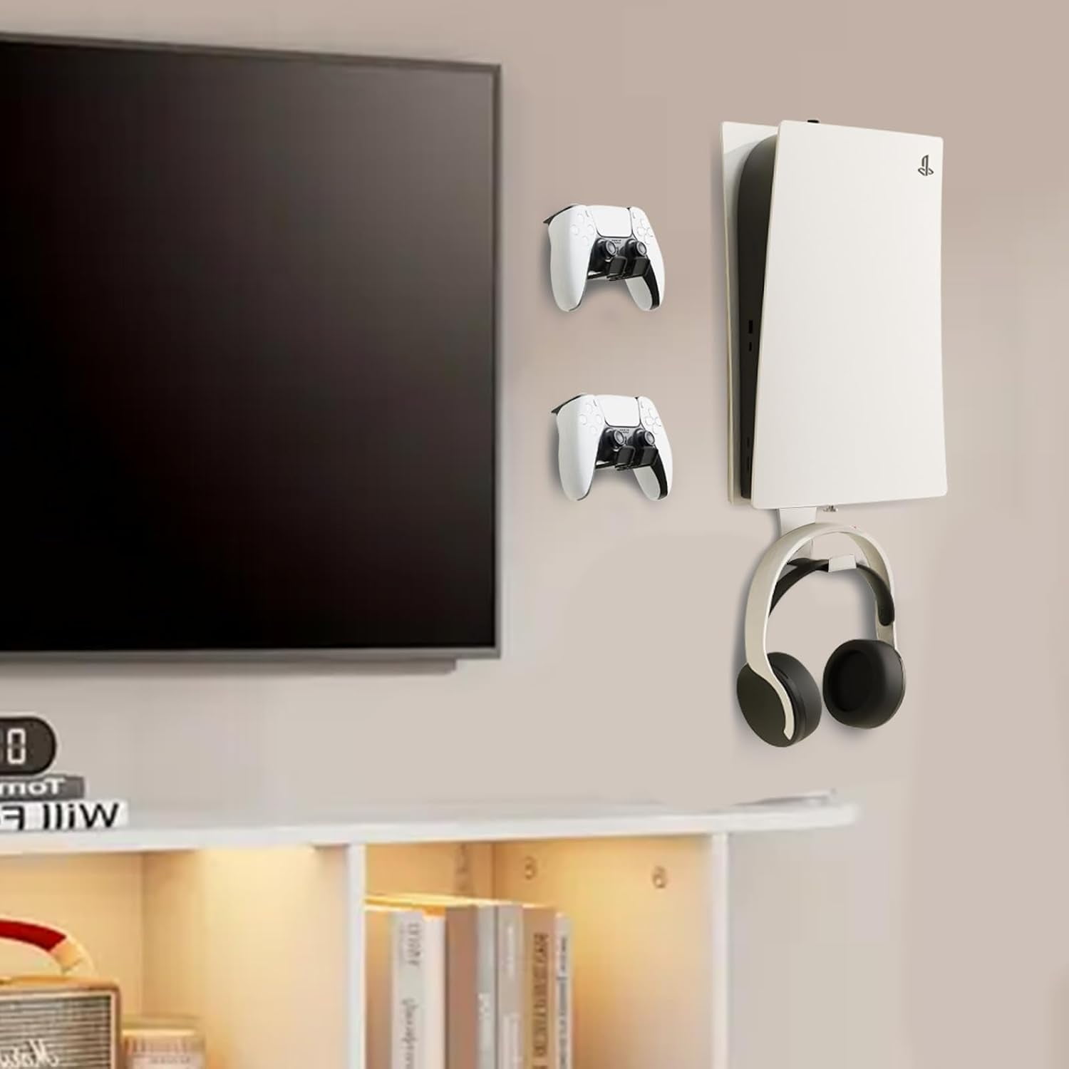 PS5 Wall Mount, Heavy-Duty Steel Mount Kit for Protection & Cooling with 2 Controller Holder and Headset Holder,Compatible with All PS5 Models Including Slim, Pro, Original, White