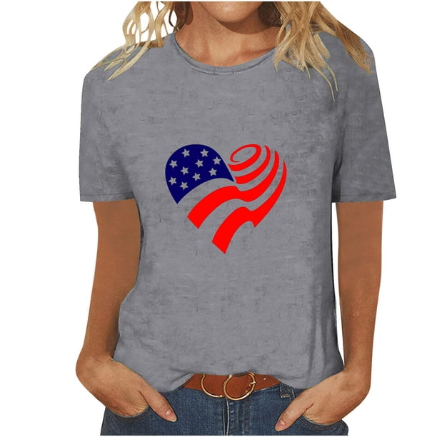 Tops Cortos para Mujeres Día de la Independencia Patriótica Impreso Cuello Redondo, Camiseta de Manga Corta Casual para la Primavera, Verano Y Fiesta