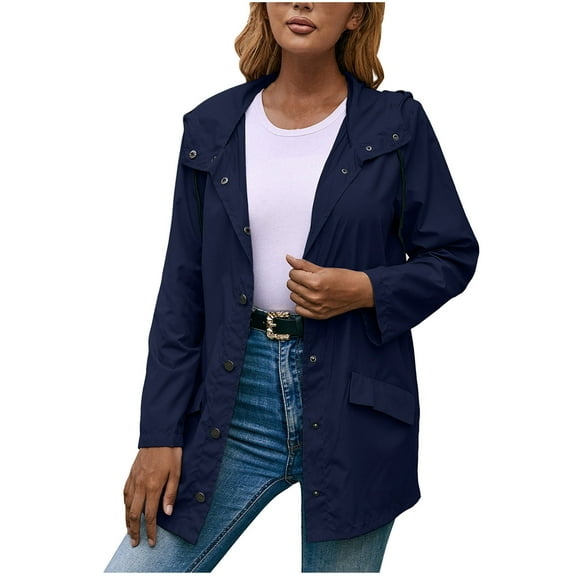 UTSJKR Women's Lightweight Rain Jacket Waterproof Windbreaker Hooded Long Sleeve Outwear Elegant Solid Button Up Coat Navy M