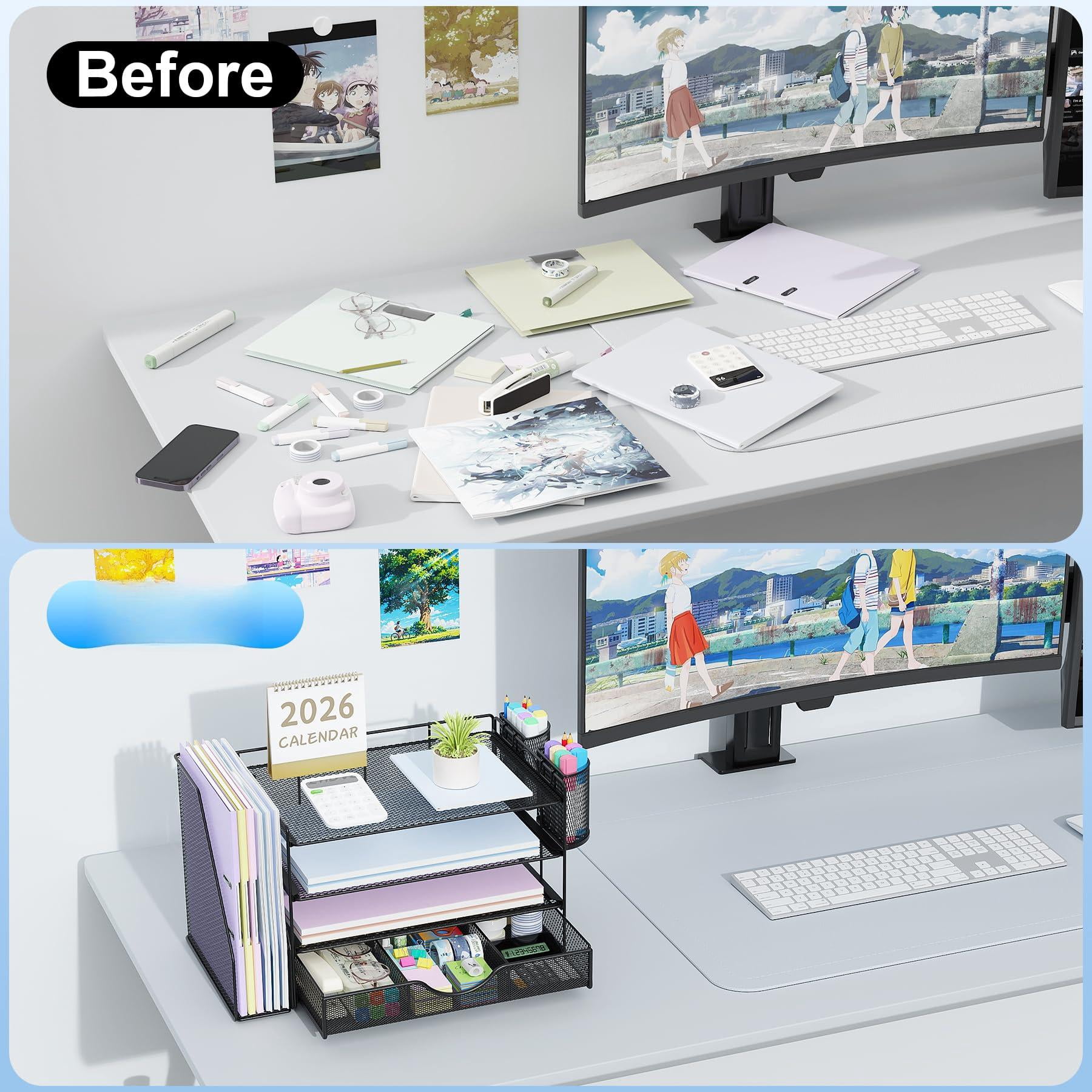 Desk Organizers And Accessories With File Holder  4-tier & Workspace Drawer 2 Pen Paper Organizer For Office Supplies (black)