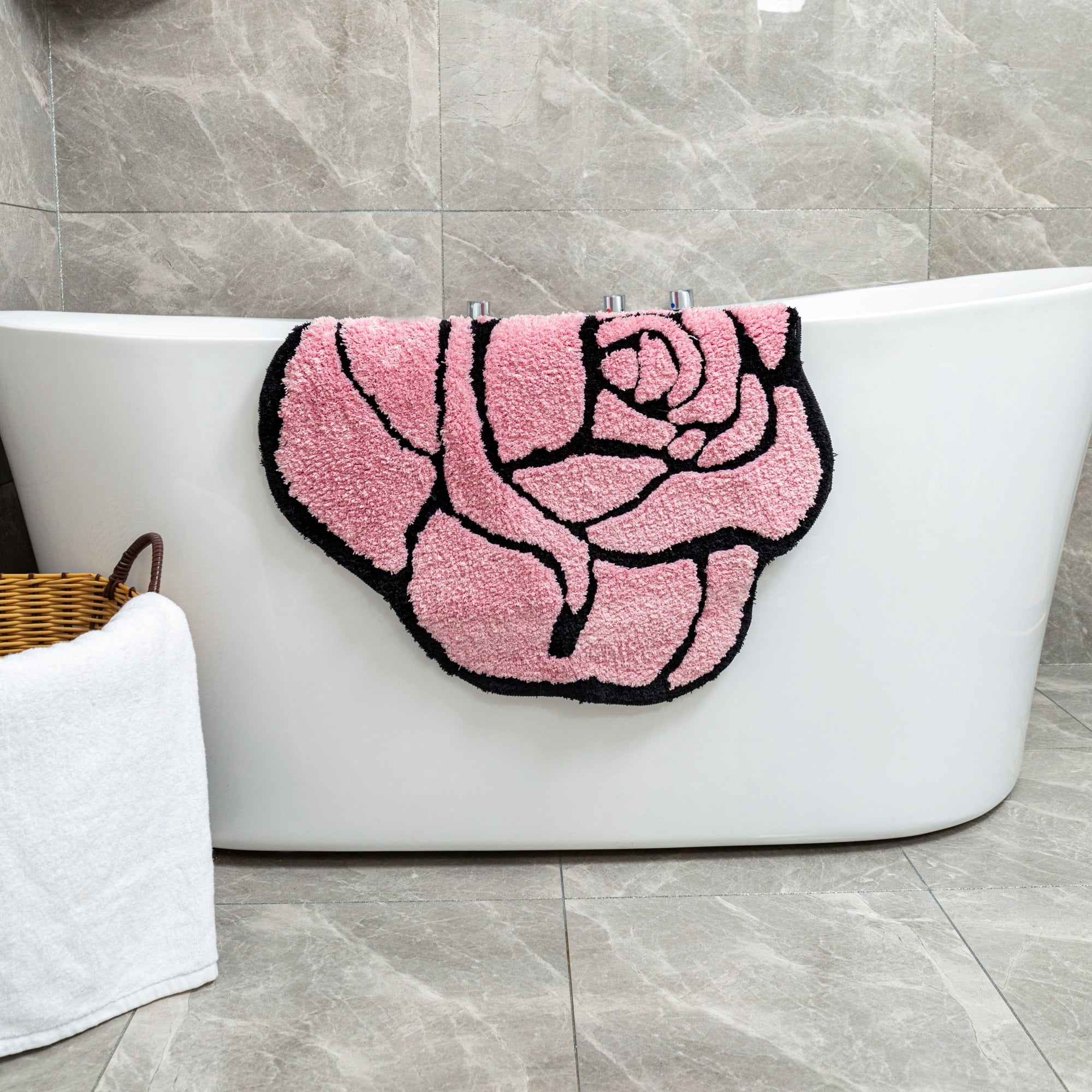 Pink Rose Bath Mat for Bathroom Non Slip Flower Shaped Absorbent Bath Rug Fluffy Shower Rugs Washable Decor Floral Small Rug Doormats 23.6x25.5in