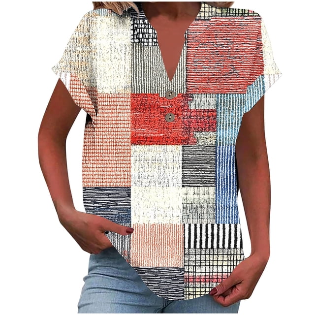 Camisetas de Manga Corta para las Mujeres Casual Impreso Botón Casa V-Cuello Camiseta Blusas, Poliéster