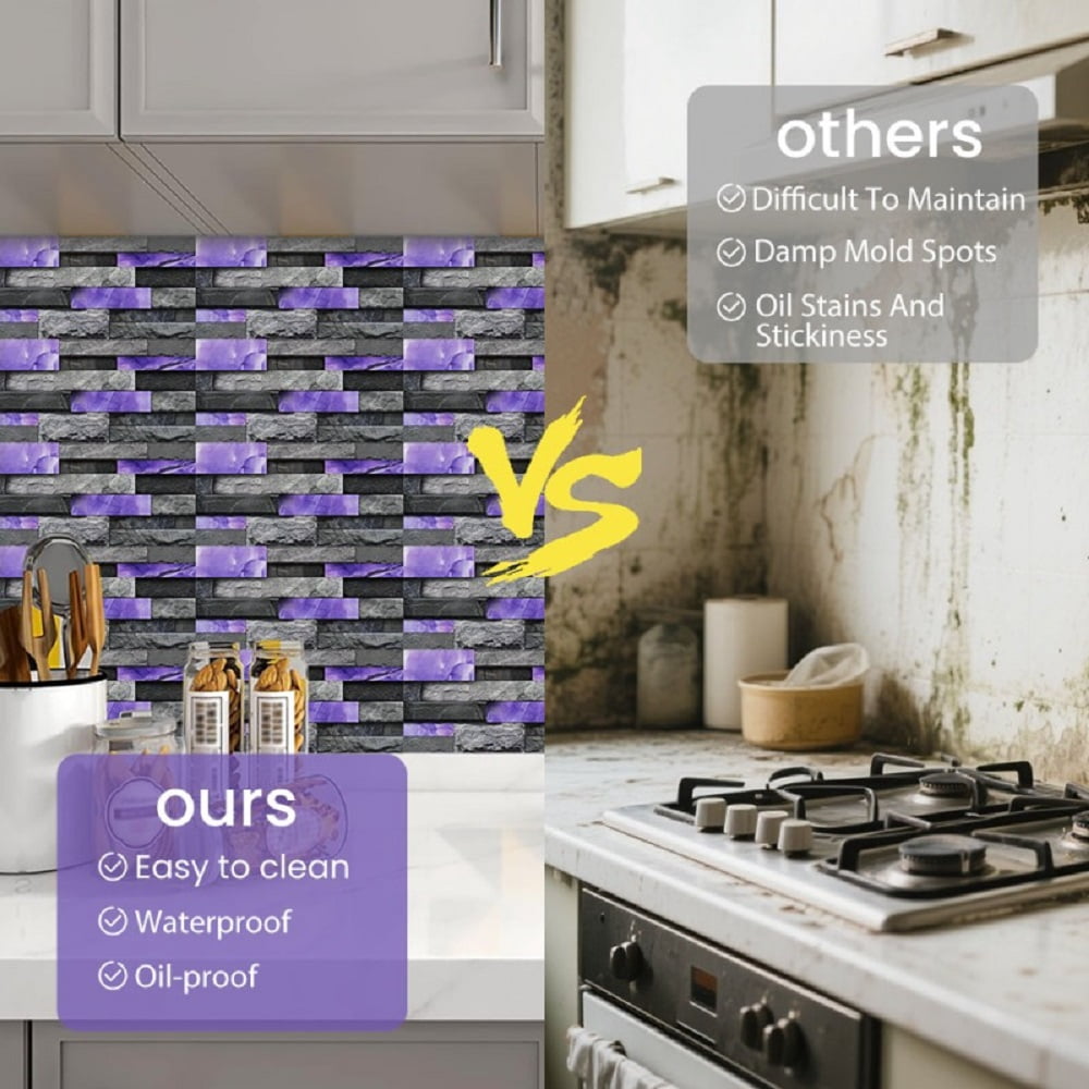 24 Sheets Peel and Stick Backsplash Marble Wall Tiles Waterproof Oilproof Purple Glossy Imitation Stone Brick Wall stickers PVC Shower Wall Panels for Interior Wall Decor