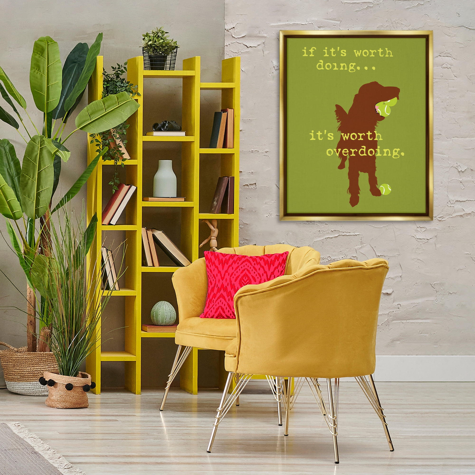 Stupell Industries Worth Overdoing Dog Phrase Animals Painting Gold Floater Framed Canvas Art Print Wall Art, 25 x 31