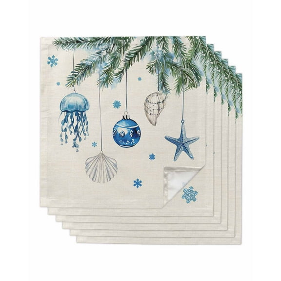 Blue Coastal Christmas Cloth Napkins Set of 6, Xmas Botanical Starfish Rustic Washable Reusable Dinner Cocktail Napkin for Kitchen Party Wedding Banquet Holiday Baby Shower Table Decor