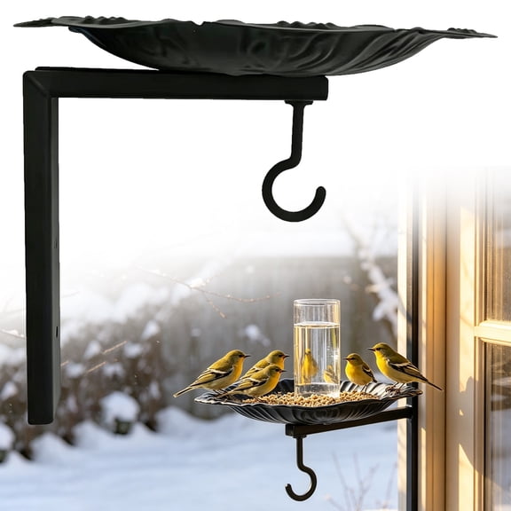 FENGGHAO Wall Mounted Bird Feeder and Bath Station, Durable Iron Platform with Hanging Hook for Wild Birds, Outdoor Water Bowl and Feeder Combo for Garden Fence