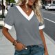 thumbnail image 5 of Mujeres Tops Casual Color Bloque Manga Corta V Cuello Blusa Moda Verano Primavera Respirable, 5 of 9