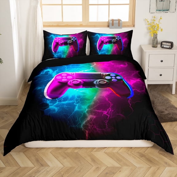 Erosebridal Video Game Comforter Cover Twin,Blue Purple Bedding Twin Size,Lightning Honeycomb Duvet Cover Twin,Super Cozy Geometric Room Decor(No Comforter),Reversible,3pcs