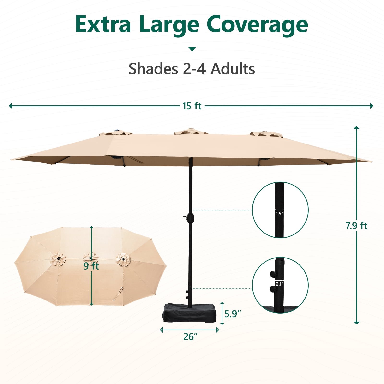 WLLJOY 15Ft Patio Umbrella With Base-Mounted, Foldable And Portable Outdoor Sunshade For Backyards, Beaches And Gardens, Khaki