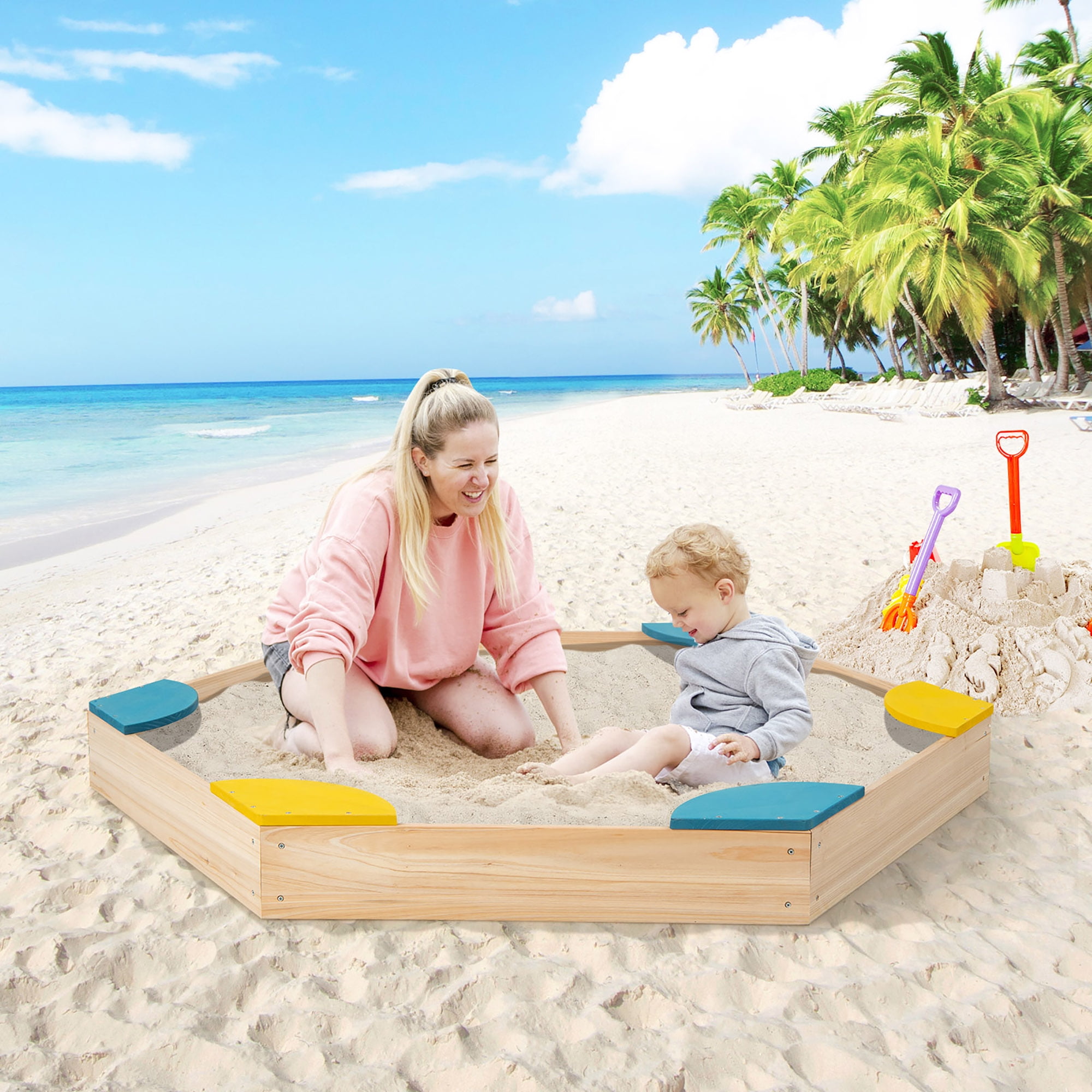 Costway Wooden Sandbox with Seats, Outdoor Backyard Romania | Ubuy