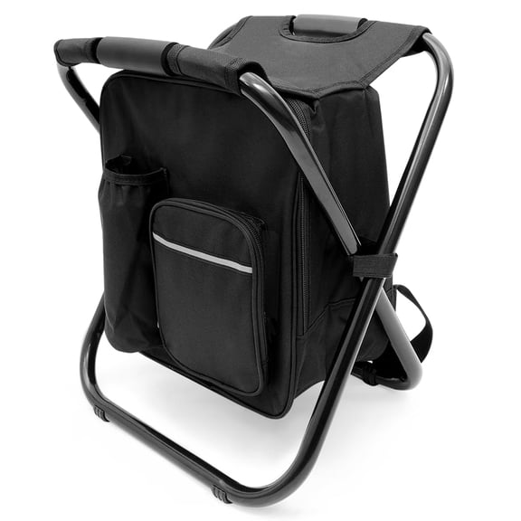 Black Folding Camping Stool Backpack With Insulated Cooler & Side Pockets