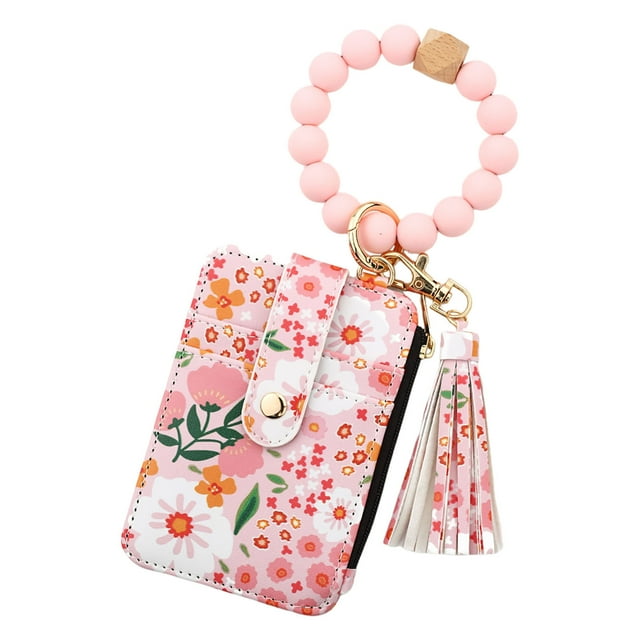 Mom's Best Cartera para mujer, llavero estilo bohemio, cartera con flores, llavero con cuentas rosas y borla, tarjetero de silicona, monedero, pulsera con cuentas doradas.